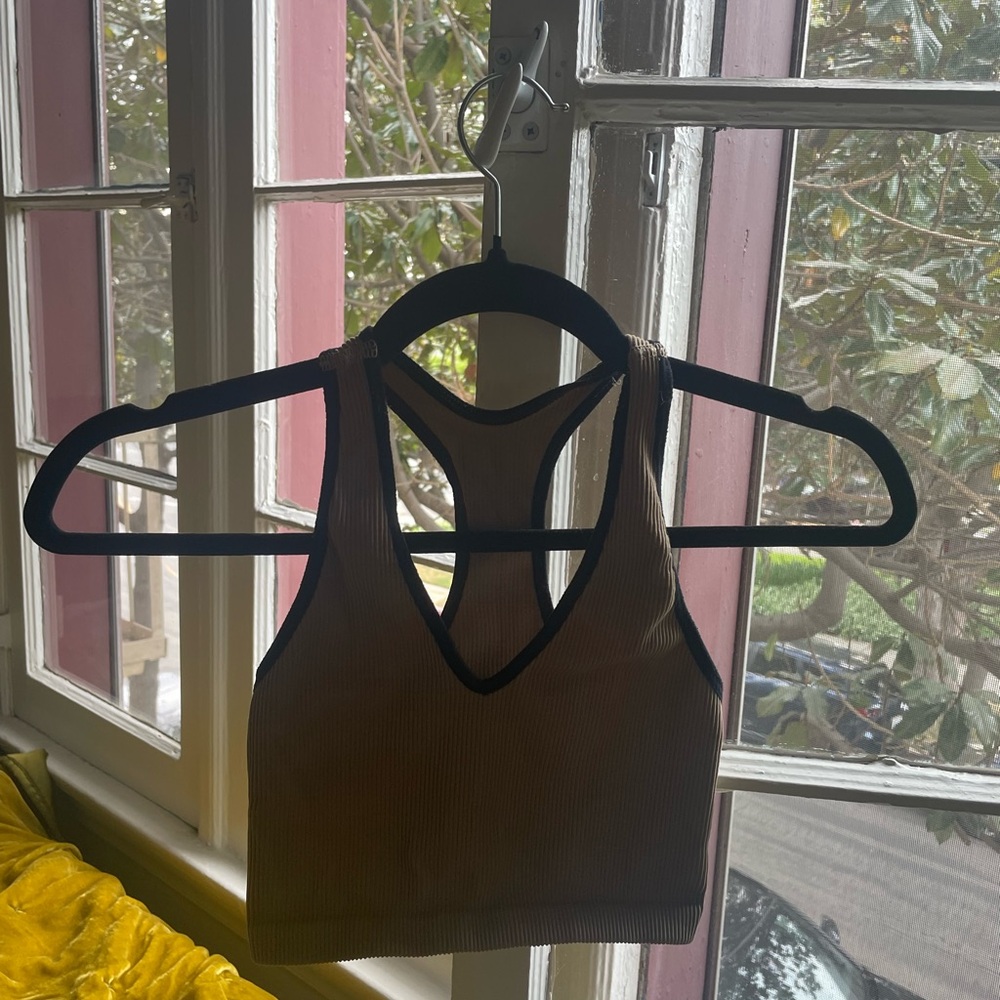 FP Movement Racerback Bralette Crop Top - Taupe with Black Trim